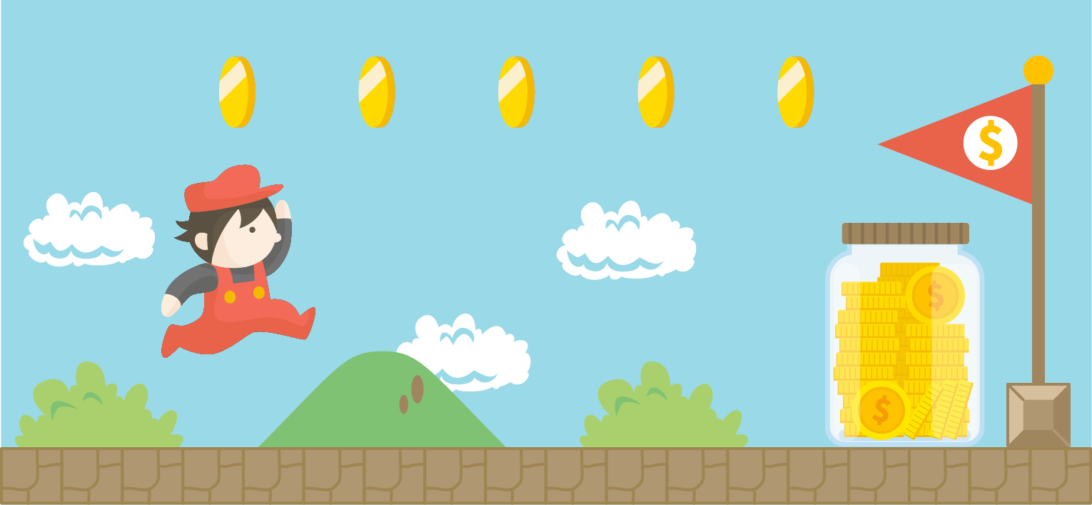 馬利歐正在跳躍，目標是終點旗桿下的一桶金